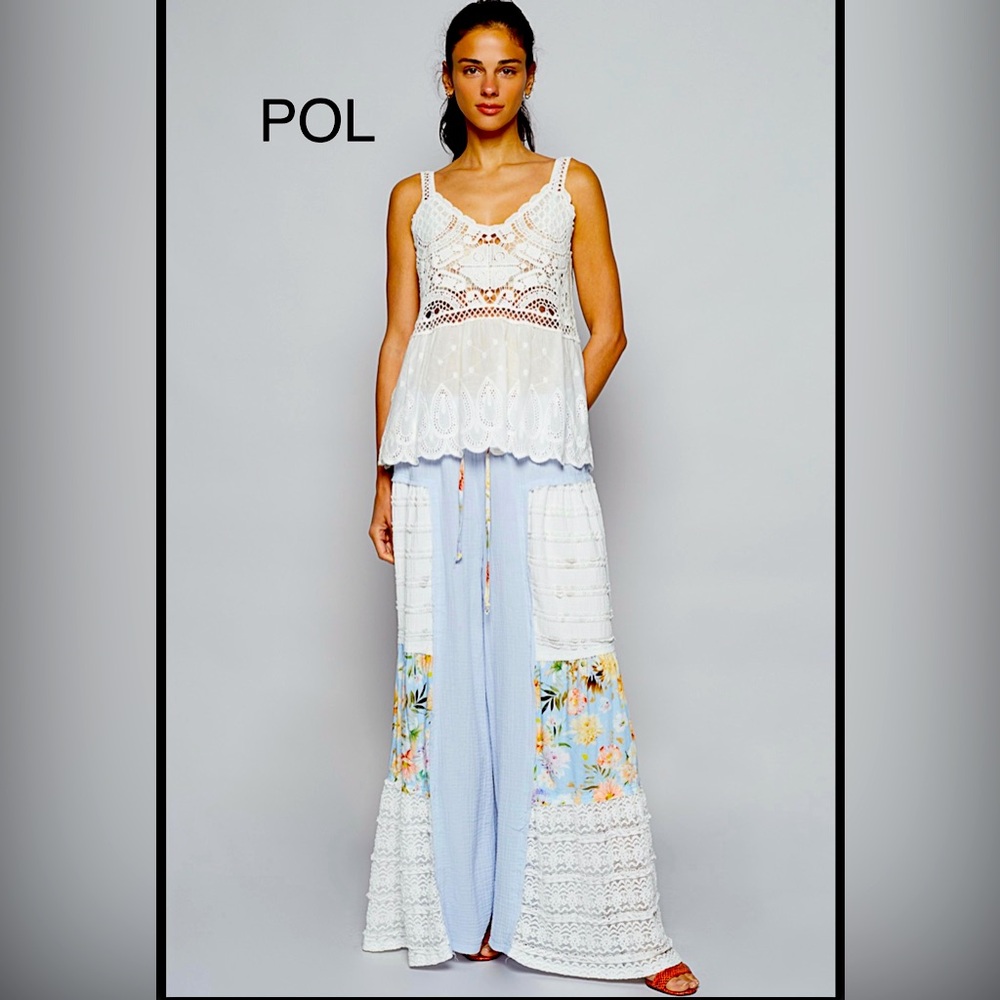 BPB13-1💙POL pristine blue wide leg pants socks/floral lace inset+elastic waist!